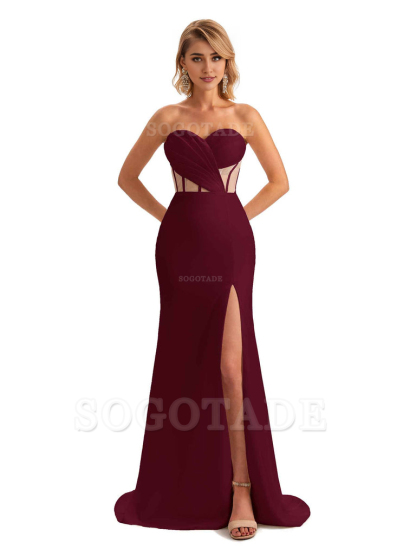 Sexy Sweetheart Strapless Side Slit Mermaid Soft Satin Unique Long Bridesmaid Dress For Wedding