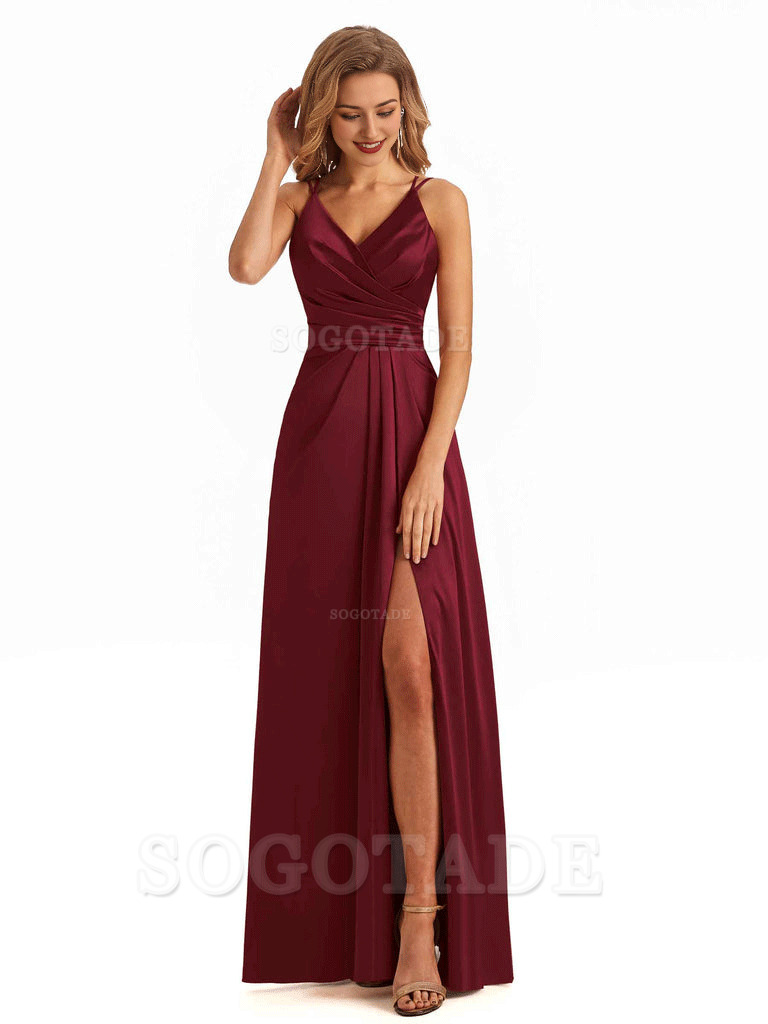 Soft Satin A-Line Spaghetti Straps V Neck Side Slit Maxi Long Bridesmaid Dresses