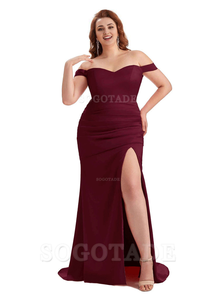Sexy Mermaid Off The Shoulder Side Slit Soft Satin Long Plus Size Wedding Party Dresses