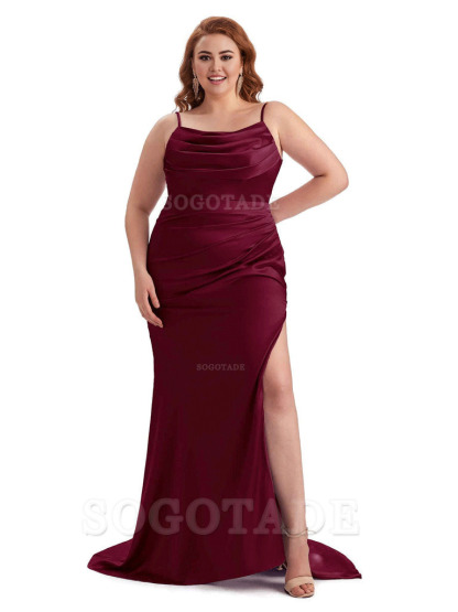 Sexy Jewel Side Slit Mermaid Soft Satin Long Plus Size Bridesmaid Dress For Wedding