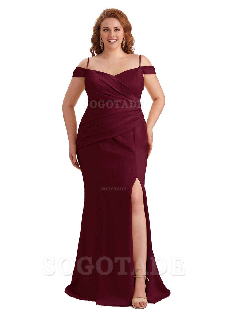 Elegant Cold Shoulder Side Slit Mermaid Soft Satin Long Plus Size Bridesmaid Gowns
