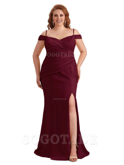 Elegant Cold Shoulder Side Slit Mermaid Soft Satin Long Plus Size Bridesmaid Gowns