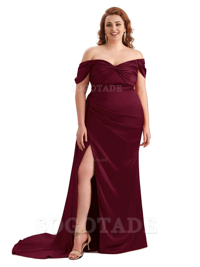  Sexy Side Slit Off The Shoulder Mermaid Soft Satin Long Plus Size Bridesmaid Dress For Wedding