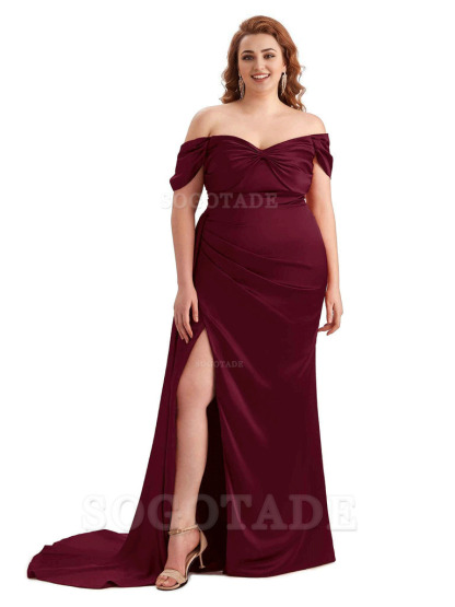  Sexy Side Slit Off The Shoulder Mermaid Soft Satin Long Plus Size Bridesmaid Dress For Wedding