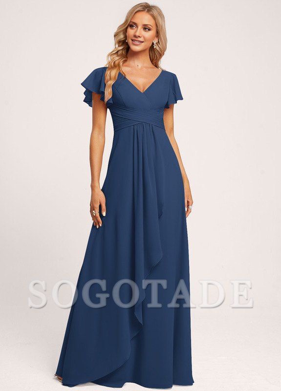 Ruffle A-line V-neck and floor chiffon bridesmaid dress