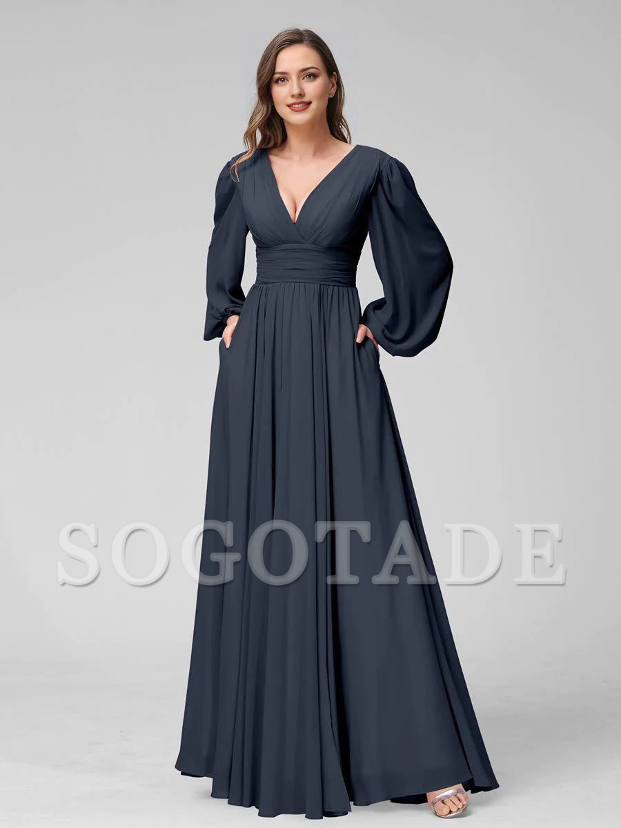 A-Line V-Neck Long Sleeves Long Chiffon Bridesmaid Dresses With Split Side Pockets