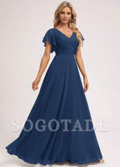 Ruffle A-line V-neck and floor chiffon bridesmaid dress
