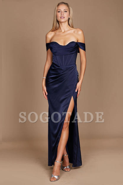 Women's Formal Dresses Elegant Long Prom Gowns Evening Dresses Floor Length Satin with Ruched Slit