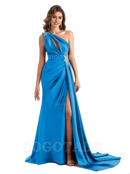 Sexy Side Slit Mermaid Soft Satin One Shoulder Lace Long Modern Bridesmaid Dresses