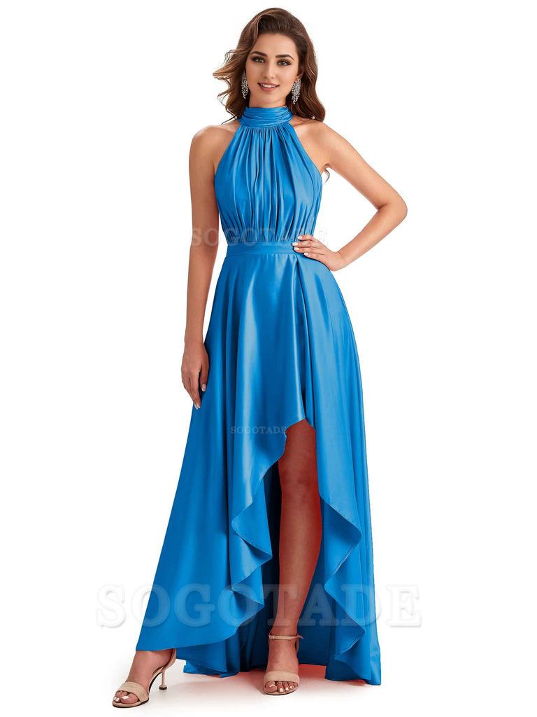 Soft Satin High Neck High Low A-Line Unique Bridesmaid Dresses Online