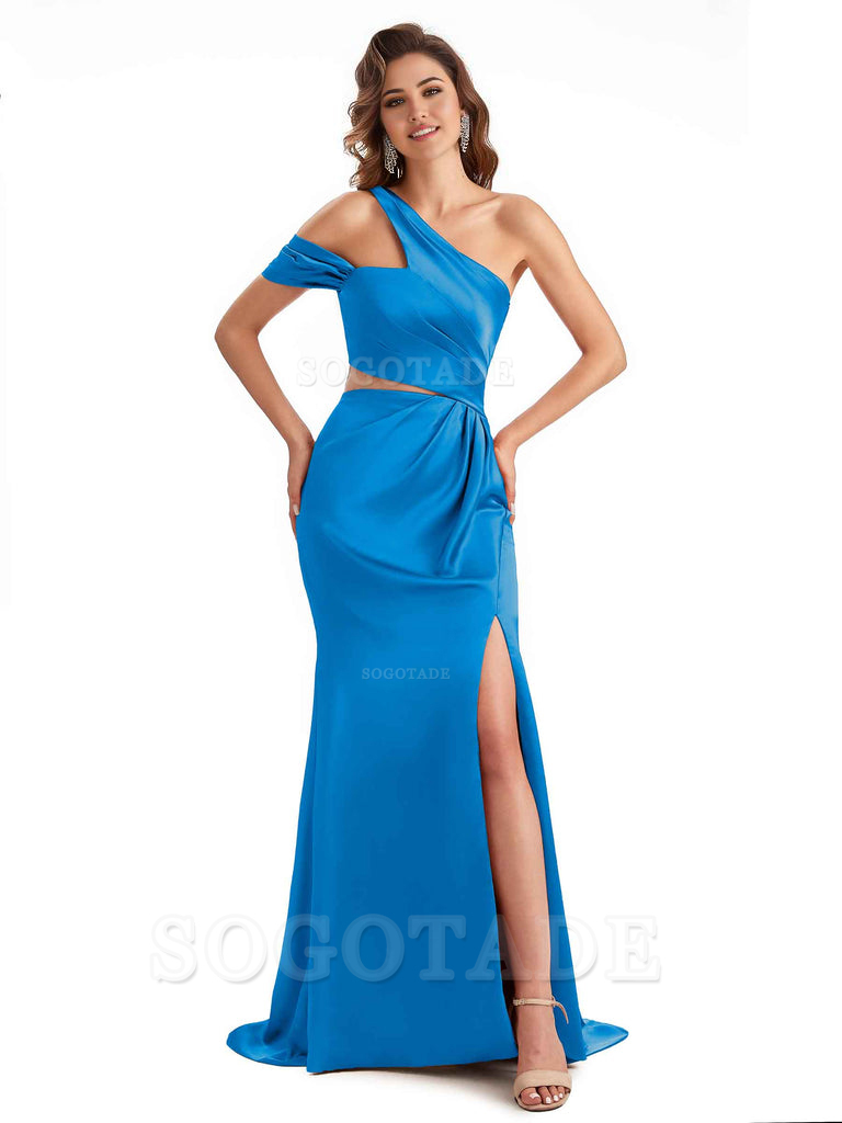 Sexy Side Slit Mermaid Soft Satin One Shoulder Long Unique Bridesmaid Dresses