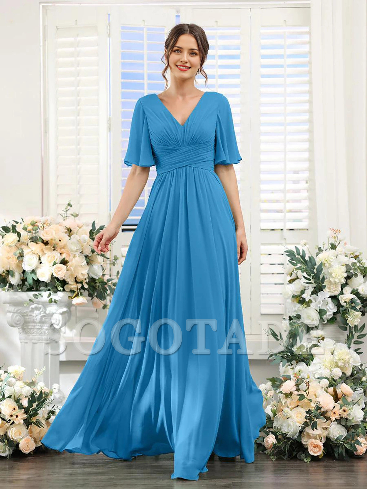 A-shaped V-shaped leader bridesmaid dress, suitable for wedding guests, long chiffon formal slit party dress