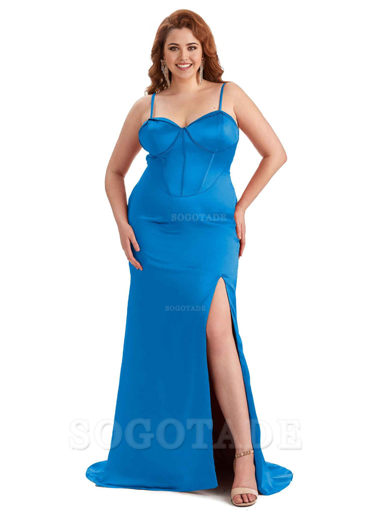 Sexy Spaghetti Straps Side Slit Sleeveless Mermaid Soft Satin Long Bridesmaid Dress Plus Size Dress To Wear to a Wedding