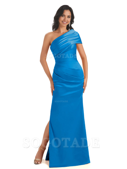 Mermaid One Shoulder Satin Long formal dresses evening gown Bridesmaid Dresses With Side Slit 