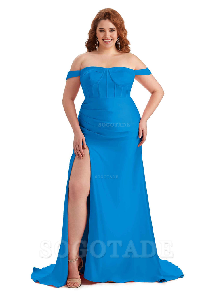 Elegant Off The Shoulder Side Slit Mermaid Soft Satin Floor Length Long Plus Size Bridesmaid Gowns