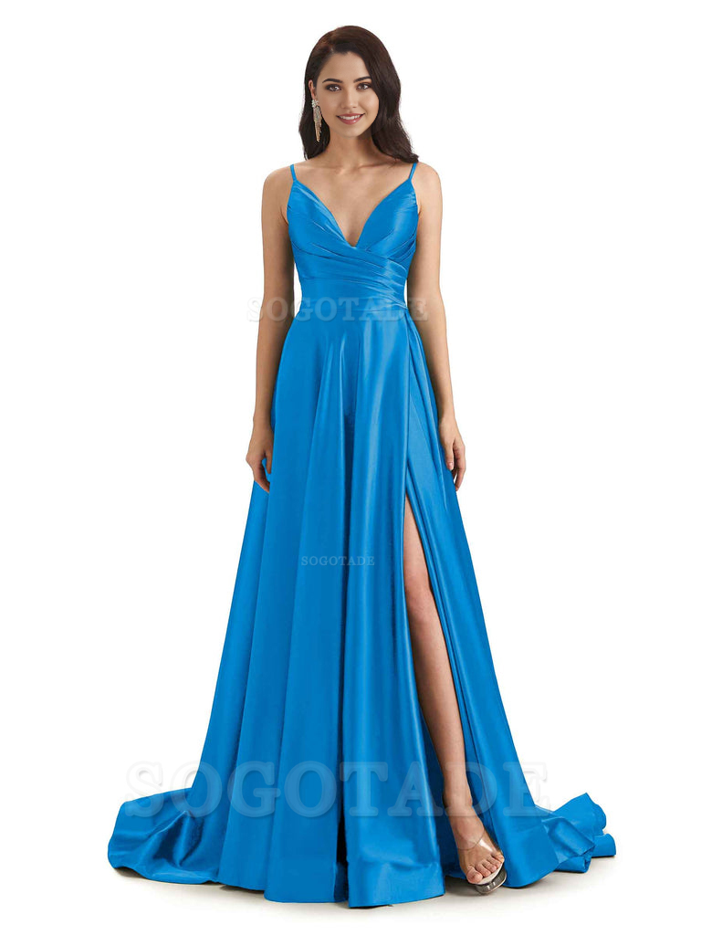 Spaghetti Straps Satin formal dresses evening gown Bridesmaid Dresses With Side Slit 