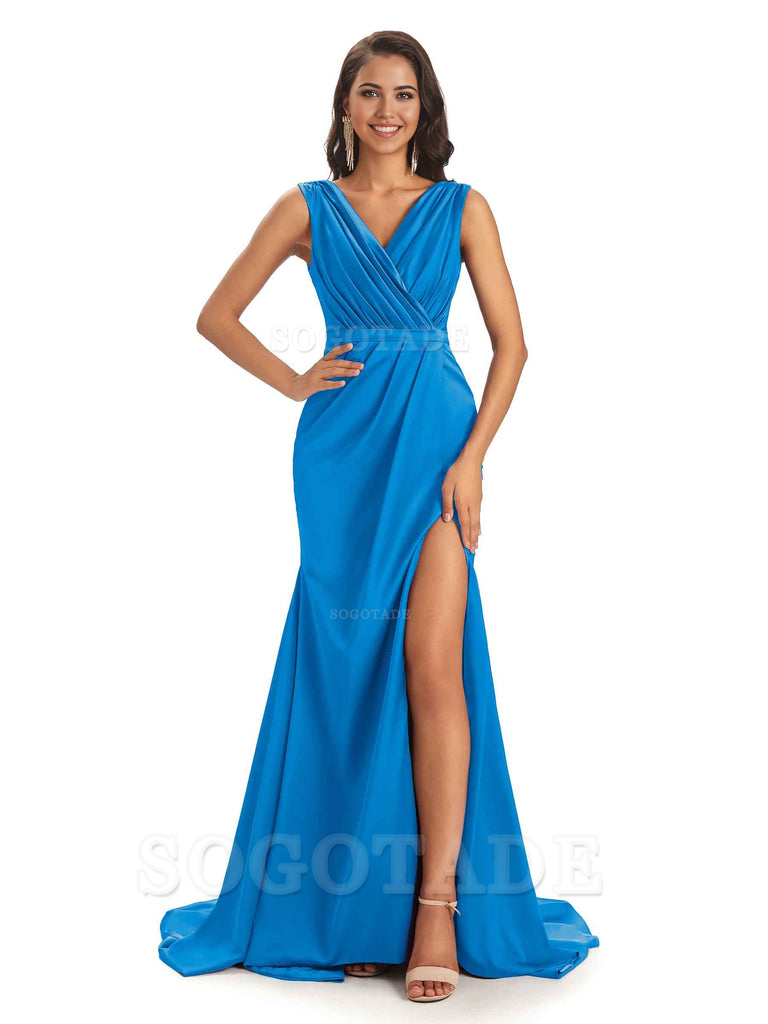 A-line V-neck Floor-Length Satin formal dresses evening gown Bridesmaid Dresses With Side Slit 