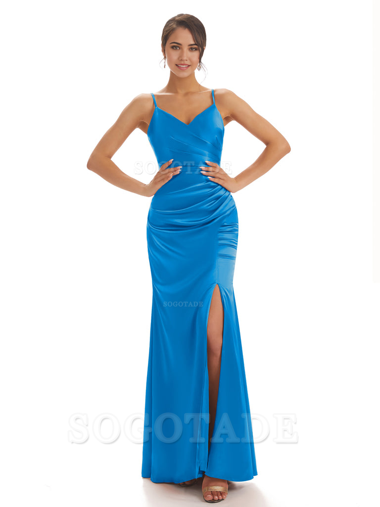 Spaghetti Straps Pleats Satin formal dresses evening gown Bridesmaid Dresses With Side Slit 