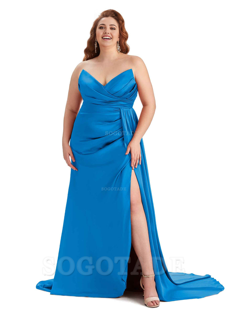 Sexy V-neck Side Slit Sleeveless Mermaid Soft Satin Long Plus Size Bridesmaid Gowns
