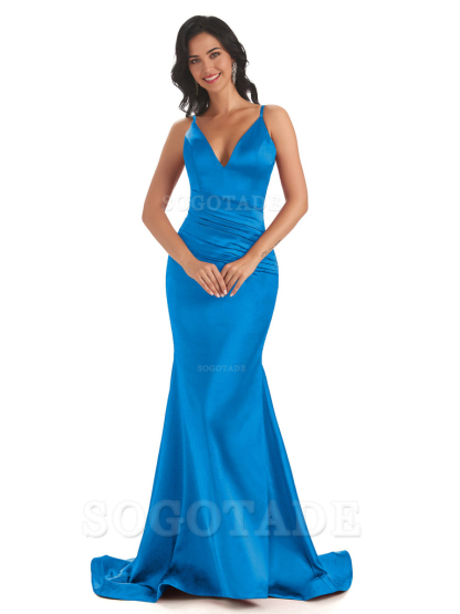 Mermaid Spaghetti V-Neck Straps Satin Long formal dresses evening gown Bridesmaid Dresses With Side Slit 