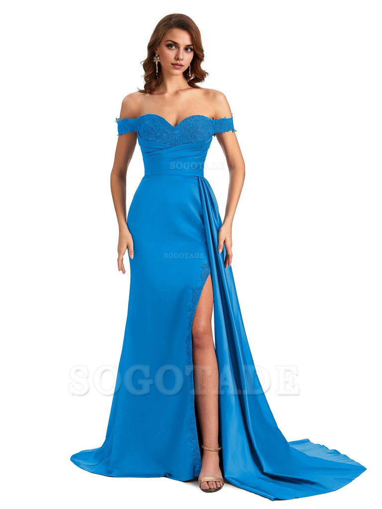 Sexy Off The Shoulder Mermaid Side Slit Silky Satin Long Bridesmaid Dress For Wedding