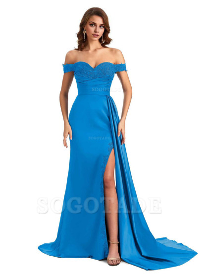 Sexy Off The Shoulder Mermaid Side Slit Silky Satin Long Bridesmaid Dress For Wedding
