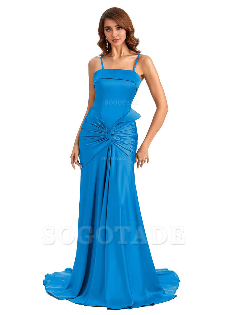 Sexy Mermaid Spaghetti Straps Silky Satin Unique Long Bridesmaid Dress For Wedding