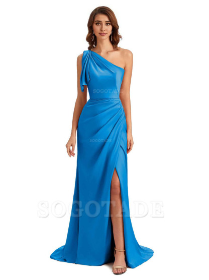 Sexy One Shoulder Mermaid Side Slit Unique Silky Satin Bridesmaid Dresses 