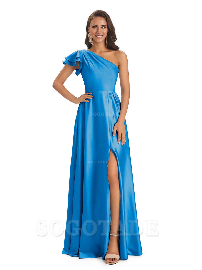 A-Line One Shoulder Ladies Long Bridesmaid Dresses Soft Satin Side Slit Elegant Evening Party Dress