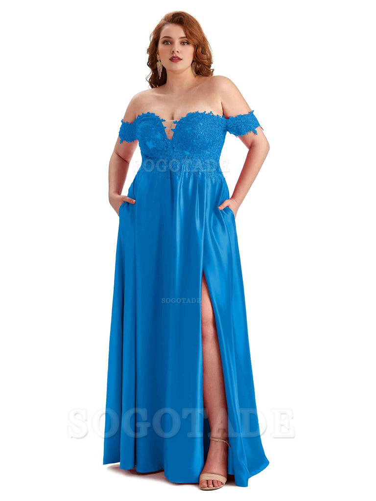 Off Shoulder Side Slit Lace Soft Satin Long Plus Size Bridesmaid Dresses For Wedding