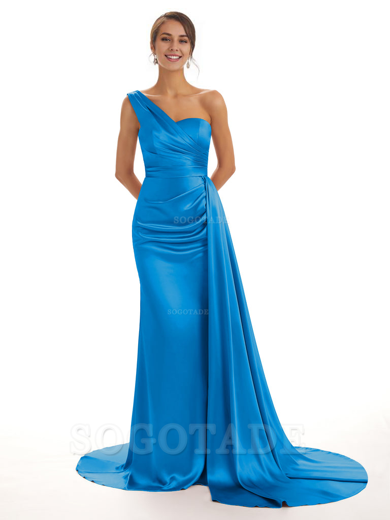 Elegant One Shoulder Soft Satin Unique Mermaid Long Bridesmaid Dresses Online prom dresses shops