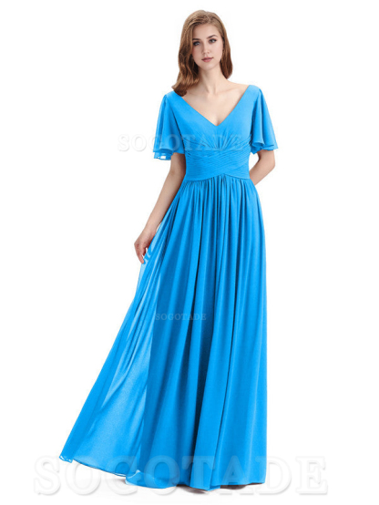 A-Line Chiffon Short Sleeves Elegant Floor-Length Bridesmaid Dresses Formal Women's Dresses Wedding Guests Dresses