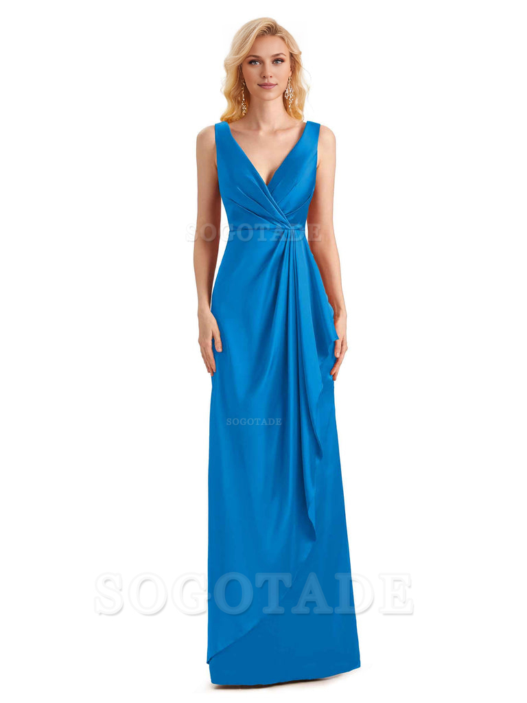 V Neck Elegant Soft Satin Formal Long Maid Bridesmaid Dresses Formal Wear Dresses