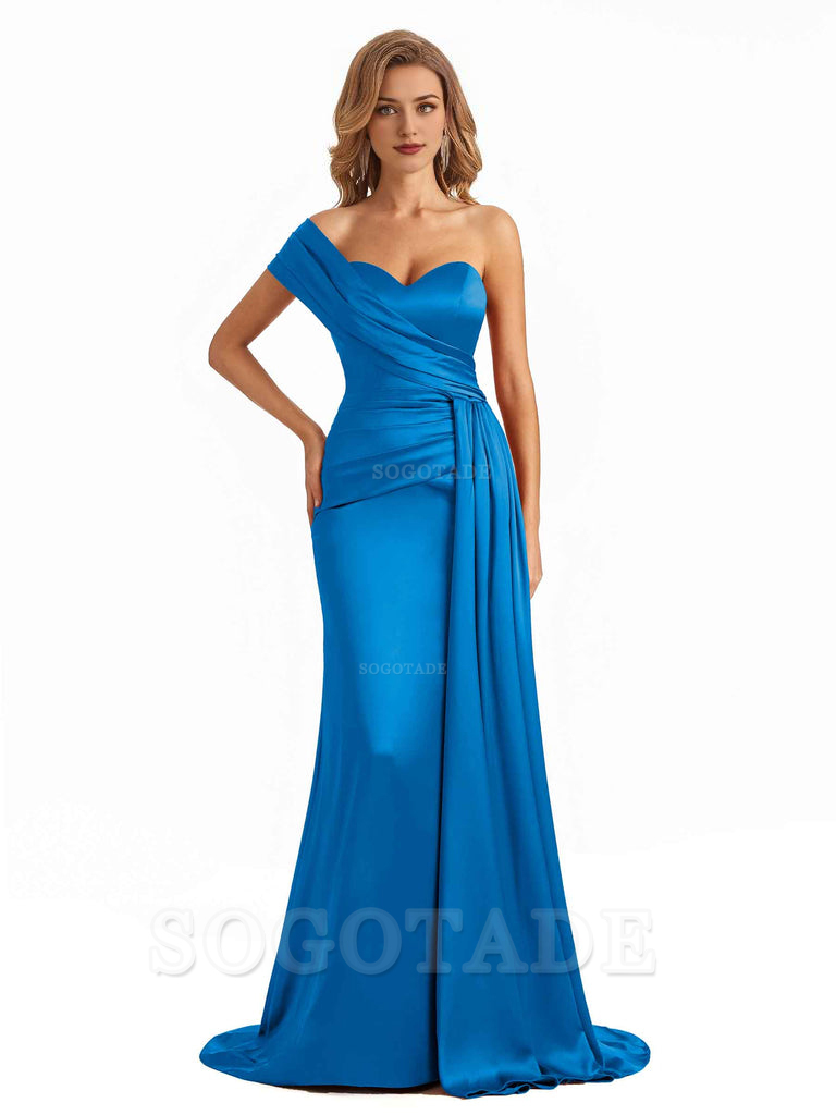 Elegant One Shoulder Soft Satin Long Mermaid Bridesmaid Dresses Online prom shop dresses ﻿