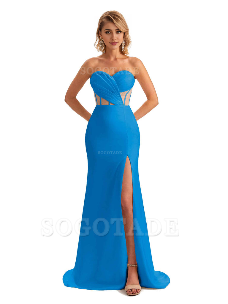 Sexy Sweetheart Strapless Side Slit Mermaid Soft Satin Unique Long Bridesmaid Dress For Wedding