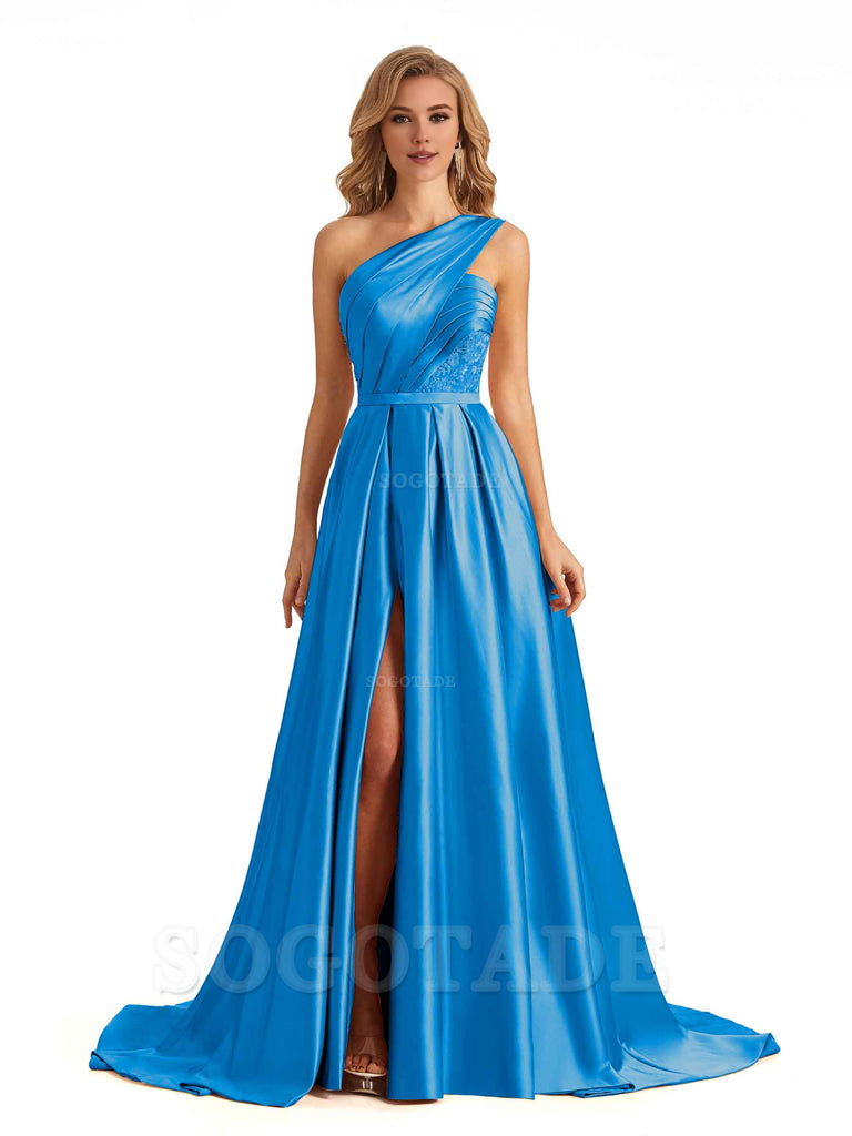 Sexy Side Slit One Shoulder A-Line Soft Satin Long Bridesmaid Dresses Online prom dress in store