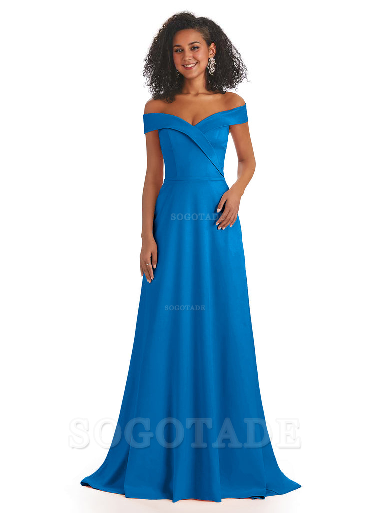 Soft Satin Off The Shoulder Long A-Line African Bridesmaid Dresses prom dress stores ﻿
