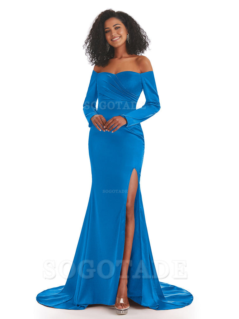 Mermaid Long Sleeve Satin formal dresses evening gown Bridesmaid Dresses With Side Slit 