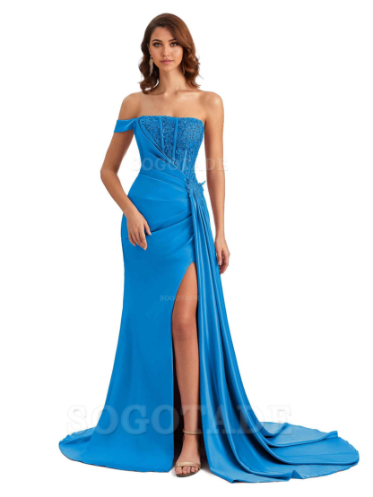 Mermaid Off Shoulder Applique formal dresses evening gown Bridesmaid Dresses With Side Slit 
