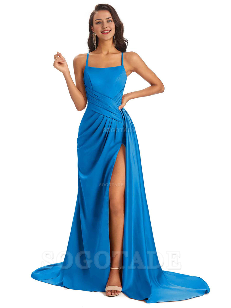 Sexy Soft Satin Side Slit Spaghetti Straps Long Maxi Bridesmaid Dresses prom shop dresses