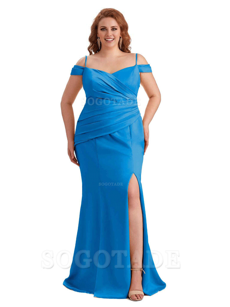 Elegant Cold Shoulder Side Slit Mermaid Soft Satin Long Plus Size Bridesmaid Gowns