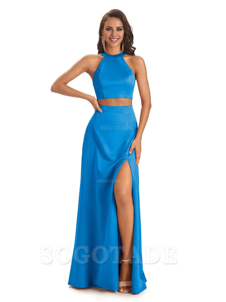 Soft Satin Two-Pieces Halter Side Slit Sexy Fashion Bridesmaid Dresses Charming Evening Party Dress