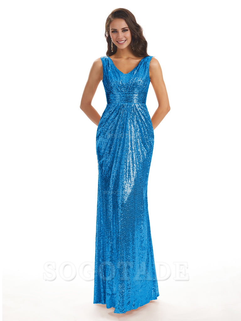 Sparkly V-Neck Sequin Long Mermaid Bridesmaid Dresses Sleeveless Charming Evening Party Dress