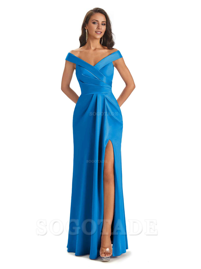 Sexy Soft Side Slit Off Shoulder V-Neck Long Satin Ladies Bridesmaid Dresses Elegant Evening Party Dress