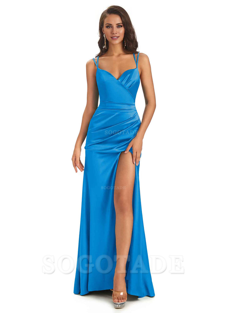 Sexy Soft Satin Side Slit Spaghetti Straps Long Maxi Mermaid Bridesmaid Dresses Elegant Evening Party Dress