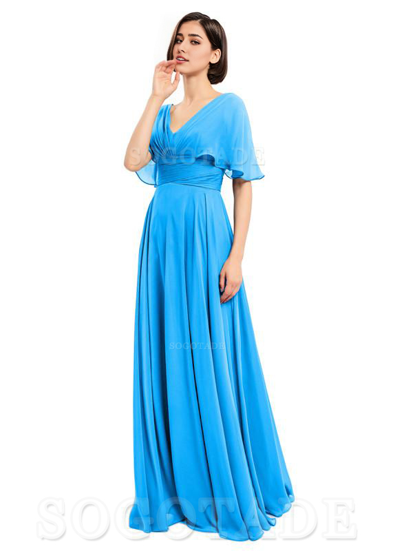  V-Neck Cap Sleeves Sleeves Chiffon Long Elegant Bridesmaid Dresses Formal Wear Dresses