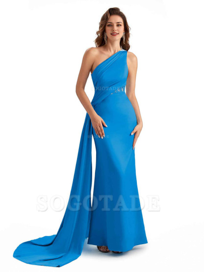Sexy Mermaid Silky Satin One Shoulder Lace See Through Long Bridesmaid Dresses Online