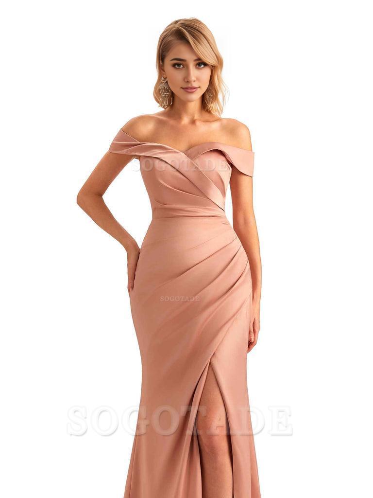 Off Shoulder Side Slit Mermaid Silky Satin Unique Long Formal Wedding Guest Dresses Online
