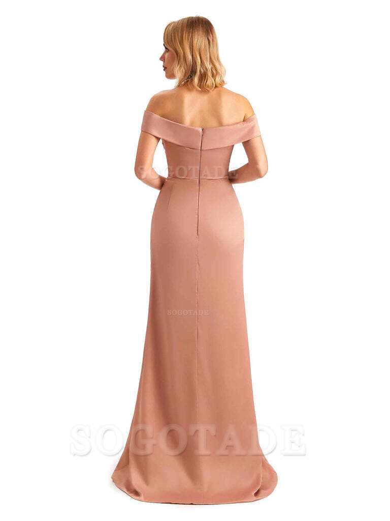 Off Shoulder Side Slit Mermaid Silky Satin Unique Long Formal Wedding Guest Dresses Online