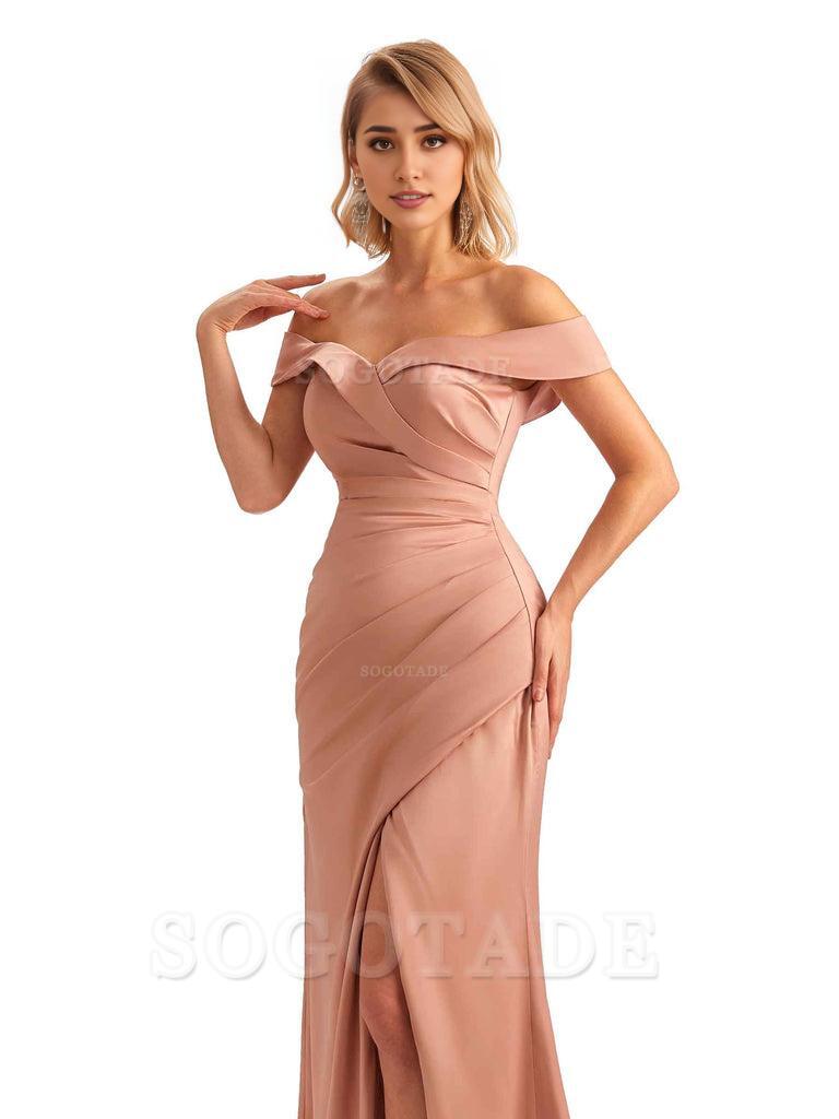 Off Shoulder Side Slit Mermaid Silky Satin Unique Long Formal Wedding Guest Dresses Online